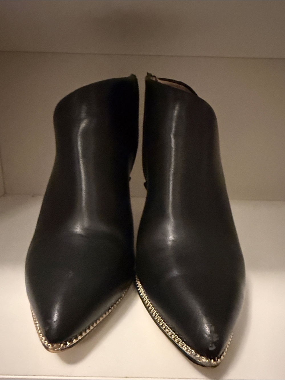 BCBGeneration Black Leather Pointed Toe Stiletto Booties with Gold Accent - Picture 2 of 3